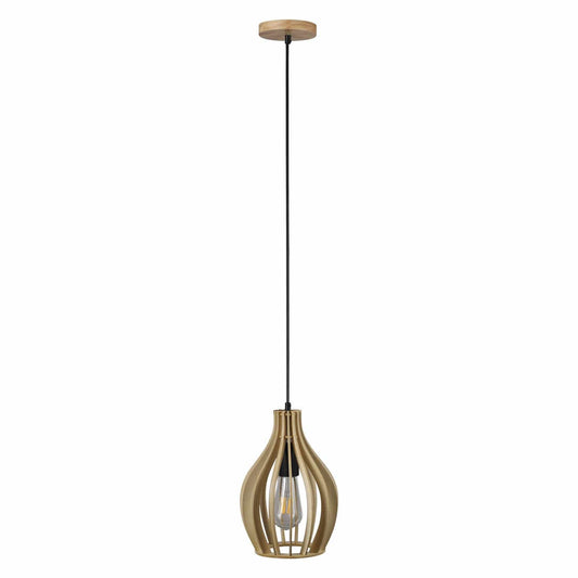 Warm metal and natural material lighting — timber pendant