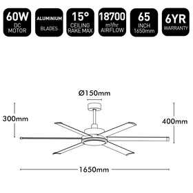 Brilliant 65" Black Colossus II 6-Blade DC Ceiling Fan