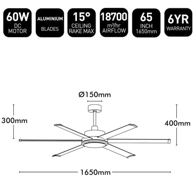 Brilliant 65" Satin Nickel Colossus II 6-Blade DC Ceiling Fan
