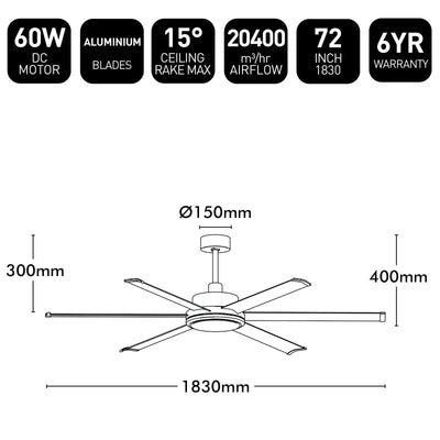 Brilliant 72" Black Colossus II 6-Blade DC Ceiling Fan