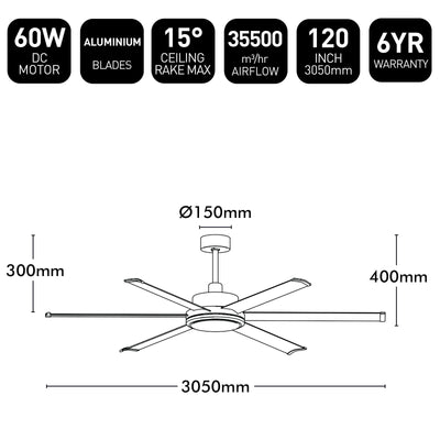 Brilliant 120" Black Colossus II 6-Blade DC Ceiling Fan