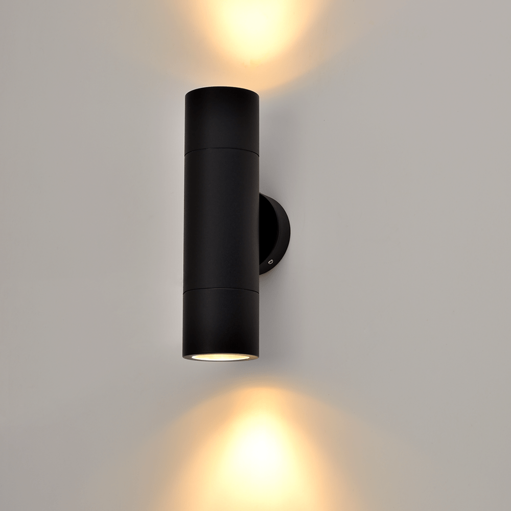 Round Exterior Up/Down Wall Pillar 2 Lights Black Aluminium