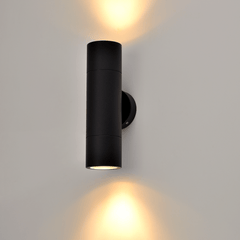 Round Exterior Up/Down Wall Pillar 2 Lights Black Aluminium