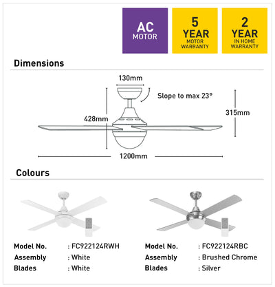 Lonsdale 120cm AC Ceiling Fan with Light and Remote