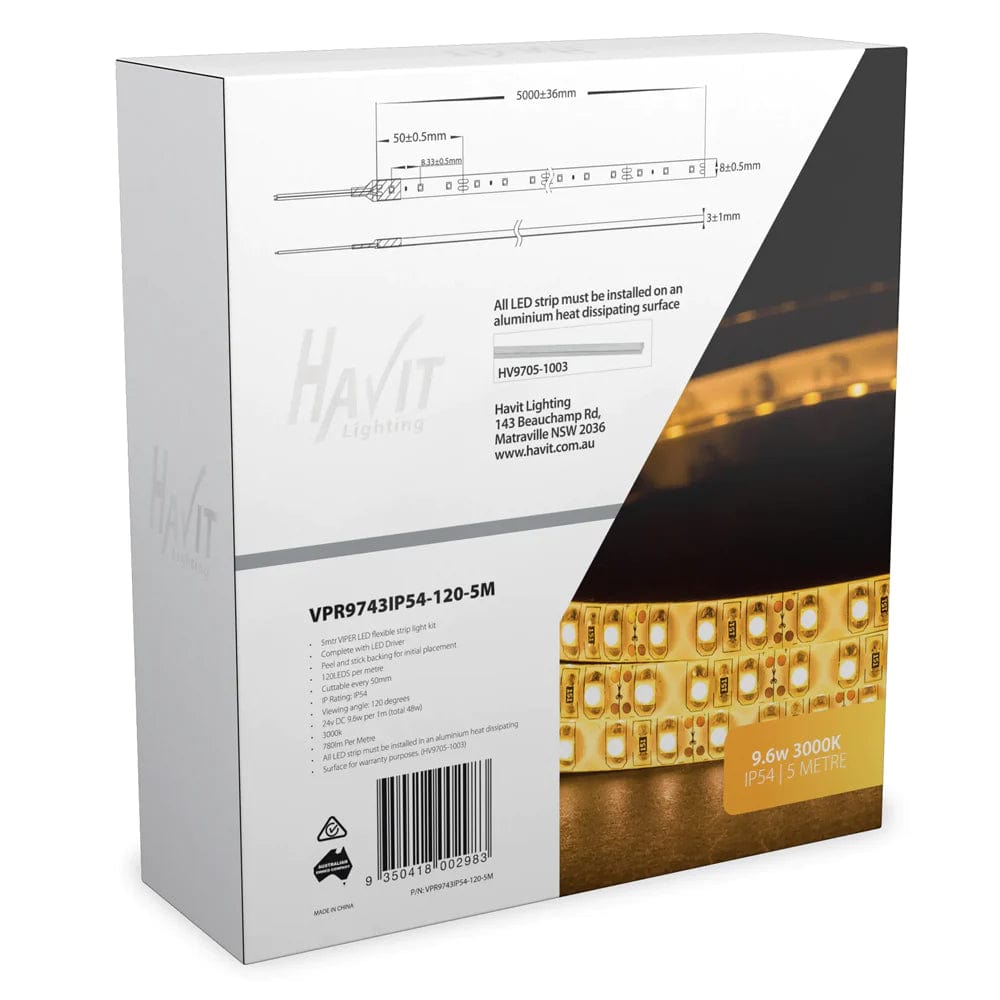 Havit Lighting LED Strips Golden / 3000k VIPER 9.6w 5m LED Strip kit 3000k Lights-For-You VPR9743IP54-120-5M
