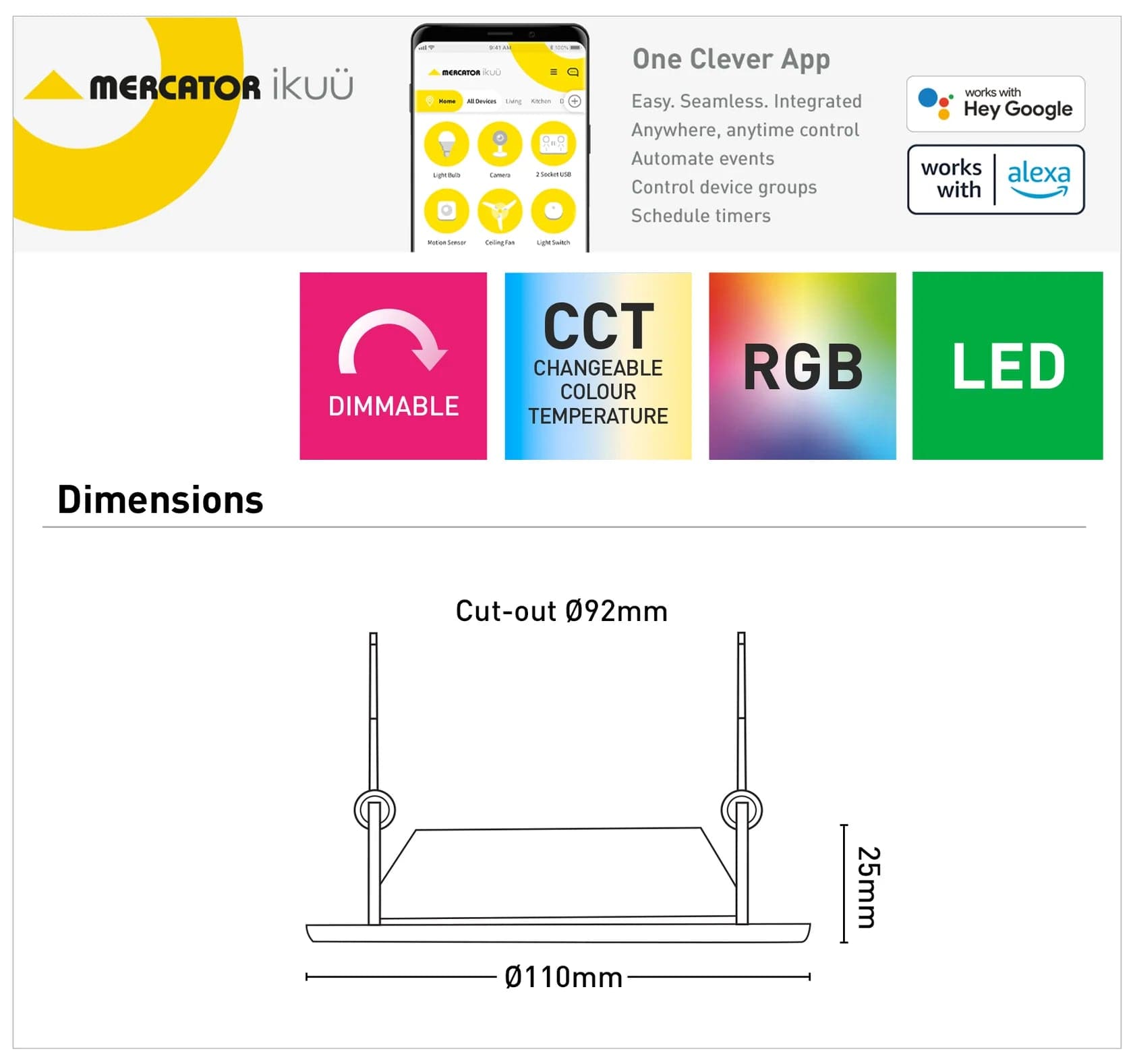 Mercator Lighting LED Downlights Walter 10W 90mm Ikuü Smart Wi-Fi RGB And CCT LED Downlight Lights-For-You SMD4109W-RGB